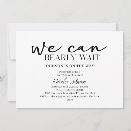 Invitation Black Modern Simple Script Bearly Wait Baby Shower (Devant)