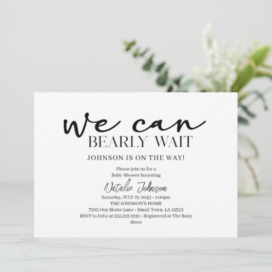 Invitation Black Modern Simple Script Bearly Wait Baby Shower (Debout devant)