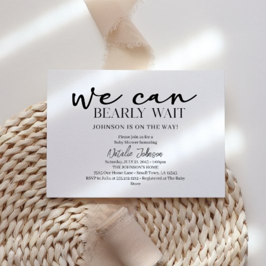 Invitation Black Modern Simple Script Bearly Wait Baby Shower