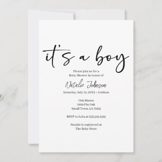Invitation Black Modern Simple Script Boy Baby Shower (Devant)