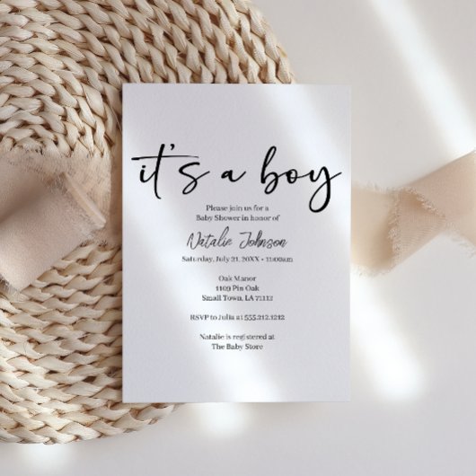 Invitation Black Modern Simple Script Boy Baby Shower