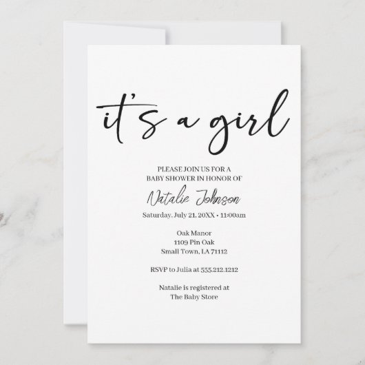 Invitation Black Modern Simple Script Girl Baby (Devant)