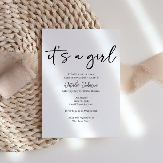 Invitation Black Modern Simple Script Girl Baby