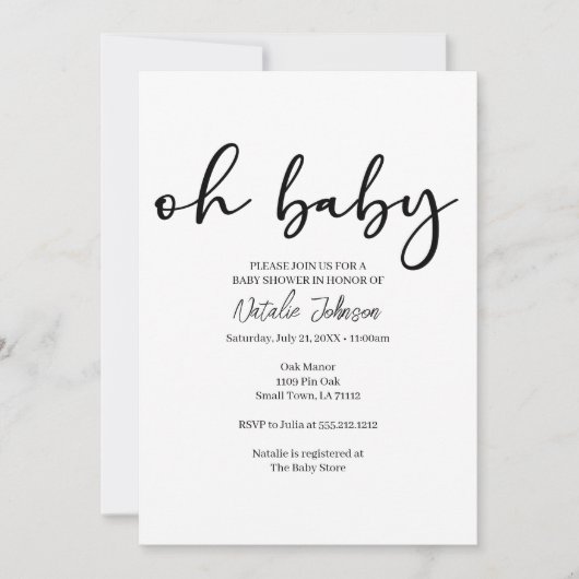 Invitation Black Modern Simple Script Oh Baby Shower (Devant)