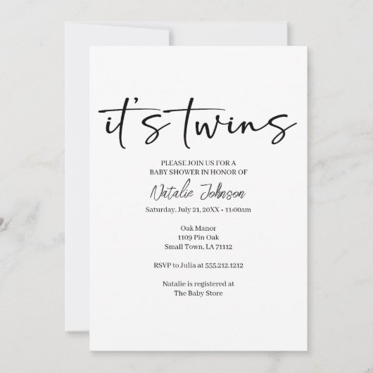 Invitation Black Modern Simple Script Twins Baby Shower (Devant)