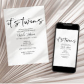 Invitation Black Modern Simple Script Twins Baby Shower