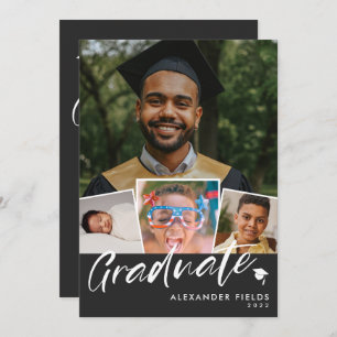 Invitation Black Modern Snapshot Collage Graduation