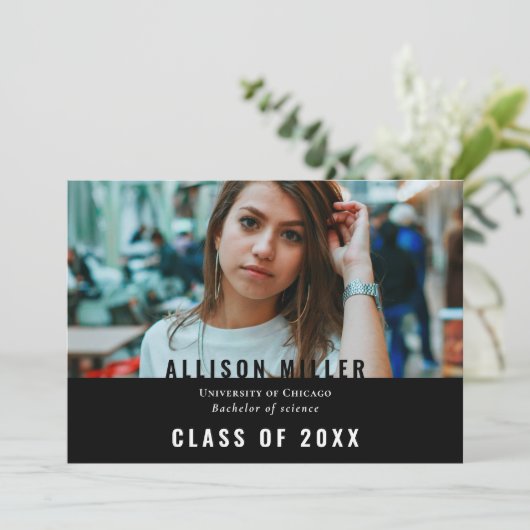 Invitation Black Modern Typographie Photo Graduation Party (Debout devant)