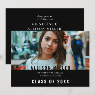 Invitation Black Modern Typographie Photo Graduation Party