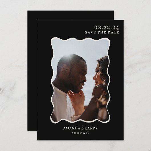 Invitation Black Modern Wavy Photo Mariage Enregistrer La Dat (Devant / Derrière)