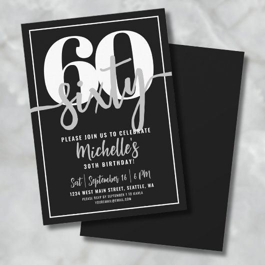 Invitation Black moderne 60e fête d'anniversaire