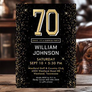 Invitation Black moderne 70e anniversaire Photo Surprise Part
