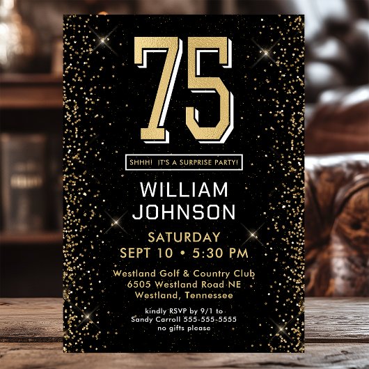 Invitation Black moderne 75e anniversaire Photo Surprise Part