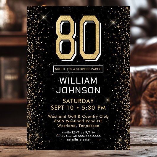 Invitation Black moderne 80e anniversaire Photo Surprise Part