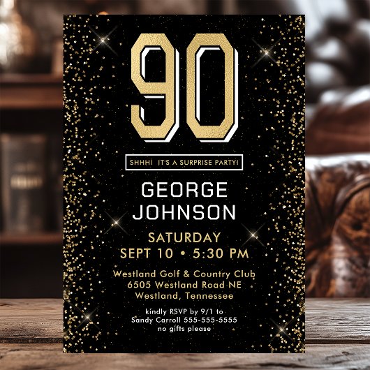 Invitation Black moderne 90e anniversaire Photo Surprise Part