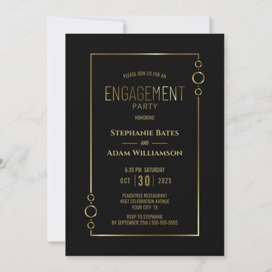 Invitation Black moderne avec Gold Frame d'engagement (Devant)