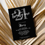 Invitation Black moderne Elégant 21e anniversaire<br><div class="desc">Une simple invitation moderne 21ème anniversaire avec une élégante typographie de script de calligraphie et un design minimaliste en noir et blanc.</div>