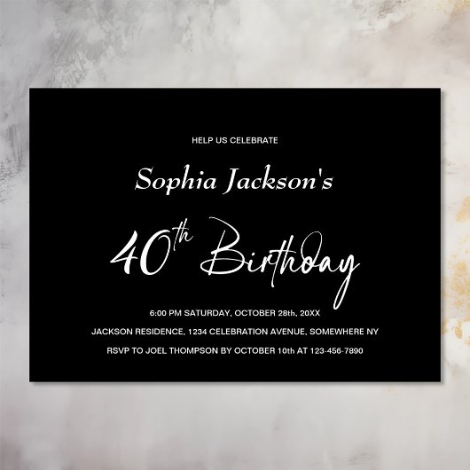 Invitation Black moderne fête du 40e anniversaire