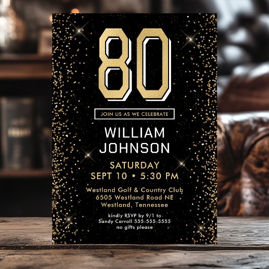 Invitation Black moderne photo 80e anniversaire