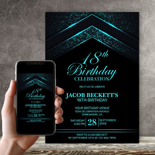 Invitation Black moderne Turquoise 18ème anniversaire