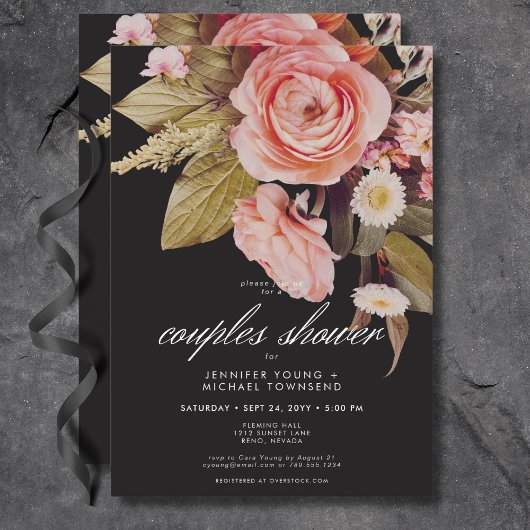 Invitation Black Moody Rose Blush Blooms Couples Douche
