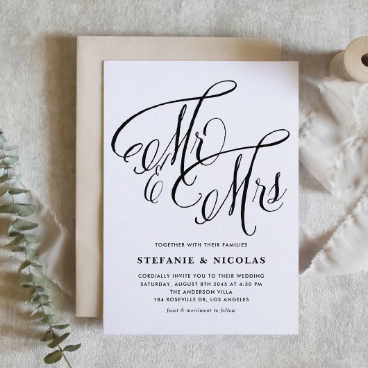 Invitation Black Mrs et Mme Rustic Script Mariage