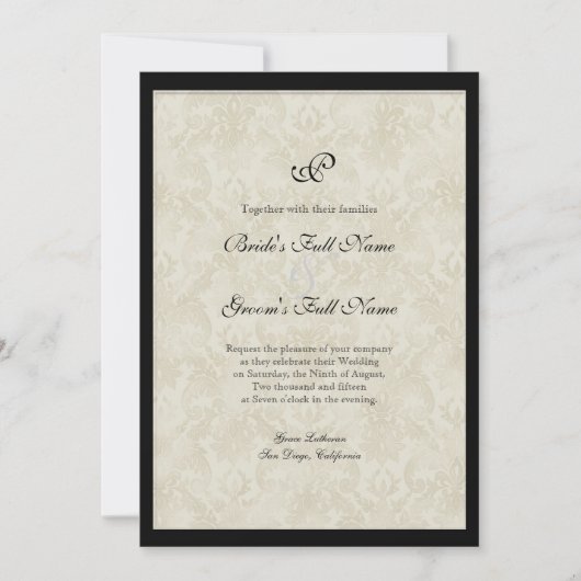 Invitation Black n Cream Fleur de Lis Mariage damassé (Devant)