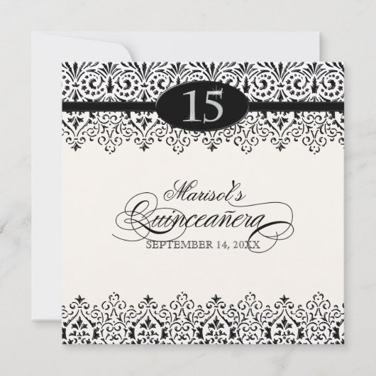 Invitation Black n White Lace Look Silver 15e Quinceanera (Devant)