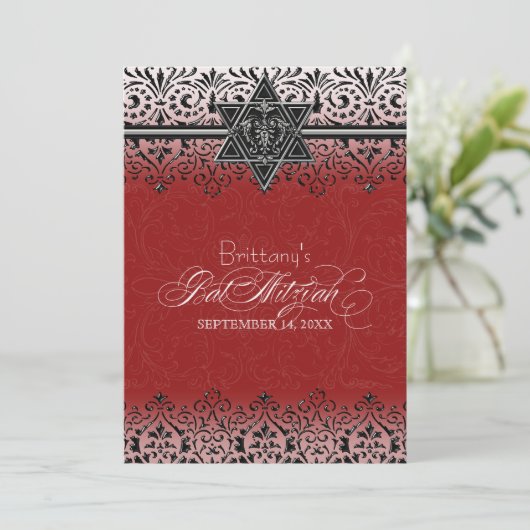 Invitation Black n White Lace Look Silver Bat mitzvah Invitat (Debout devant)