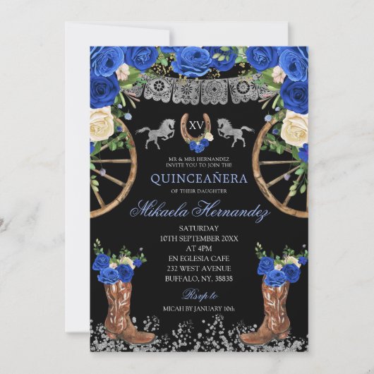 Invitation Black Navy Blue et Silver Charra Quinceañera (Devant)