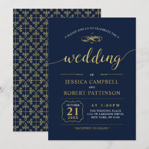Invitation Black & Navy Cérémonie de mariage classique élég