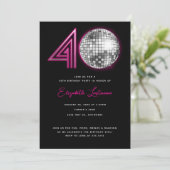 Invitation Black Neon Pink Disco Ball Quarante 40e anniversai (Debout devant)
