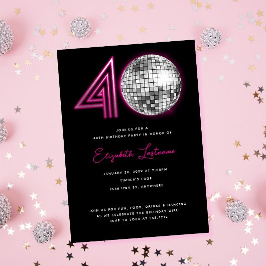 Invitation Black Neon Pink Disco Ball Quarante 40e anniversai