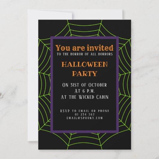 Invitation Black neon vert toile d'araignée Halloween motif (Devant)