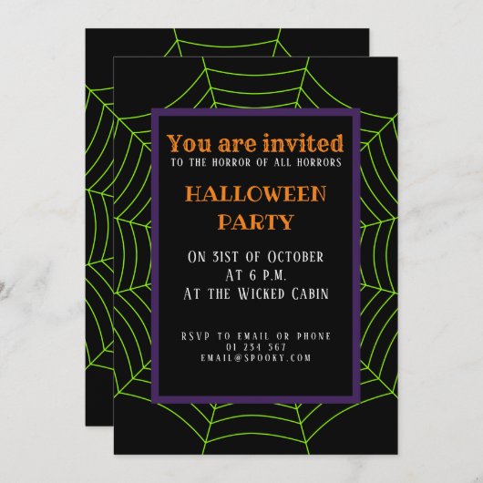 Invitation Black neon vert toile d'araignée Halloween motif (Devant / Derrière)