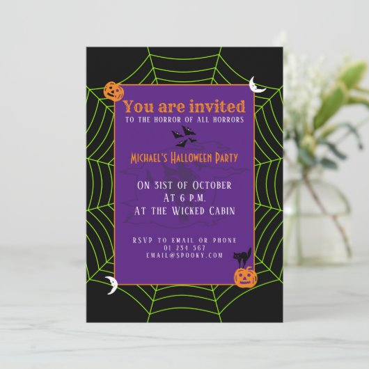 Invitation Black neon vert toile d'araignée Halloween motif (Debout devant)