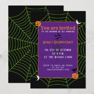 Invitation Black neon vert toile d'araignée Halloween motif