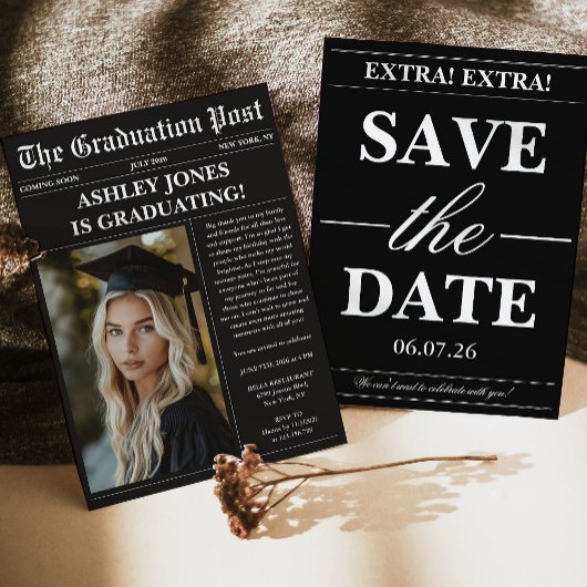 Invitation Black Newspaper Photo Graduation