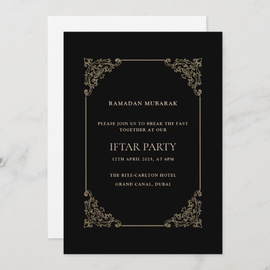 Invitation Black Opulent Baroque Frame Script Iftar Party (Devant / Derrière)
