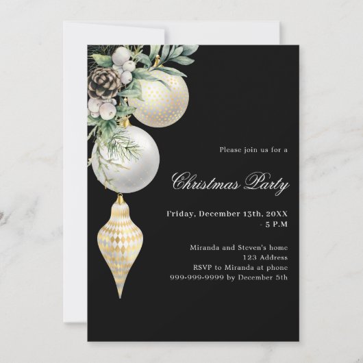 Invitation Black or blanc baubles Noël (Devant)