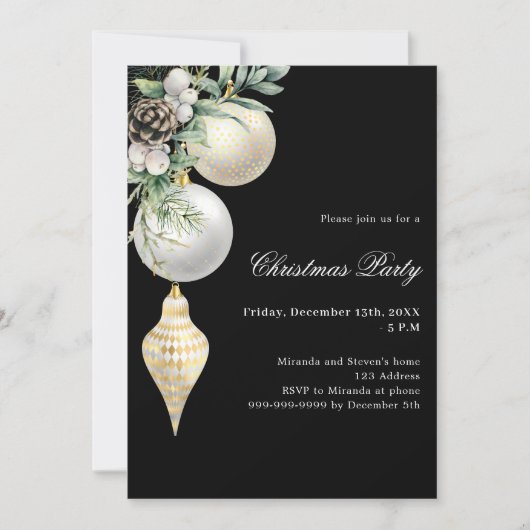 Invitation Black or blanc boules QR code Noël fête de Noël (Devant)