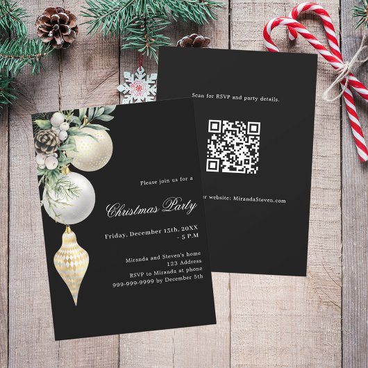 Invitation Black or blanc boules QR code Noël fête de Noël