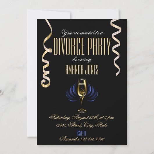 Invitation Black or élégant champagne fête de divorce (Devant)