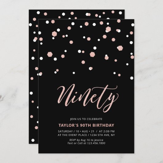 Invitation Black or Rose Simple 90e fête d'anniversaire (Devant / Derrière)