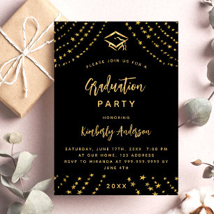 Invitation Black or stars moderne luxe fête de graduation