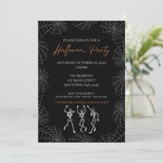 Invitation Black Orange Dancing Skeletons Halloween Party (Debout devant)