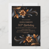 Invitation Black Orange Floral 80th Birthday Party (Devant)