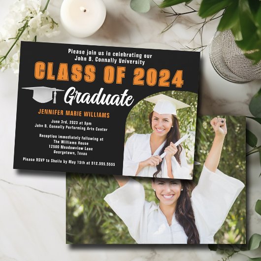 Invitation Black Orange Graduate Photo Party