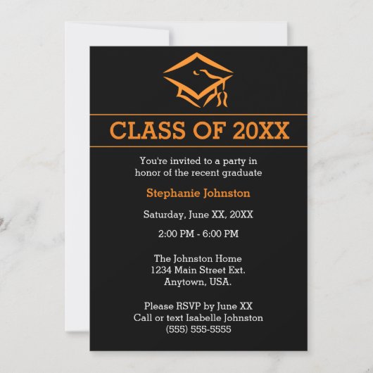 Invitation Black Orange Mortarboard Simple Graduation Party (Devant)