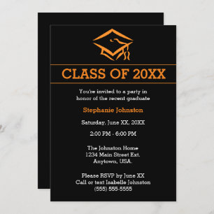 Invitation Black Orange Mortarboard Simple Graduation Party
